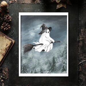 8x10 Fine Art Print, Witch Ghost on a Broomstick Over a Haunted Forest Painting,